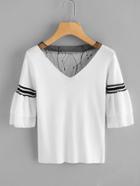 Romwe Fishnet Neck Striped Tiered Sleeve T-shirt