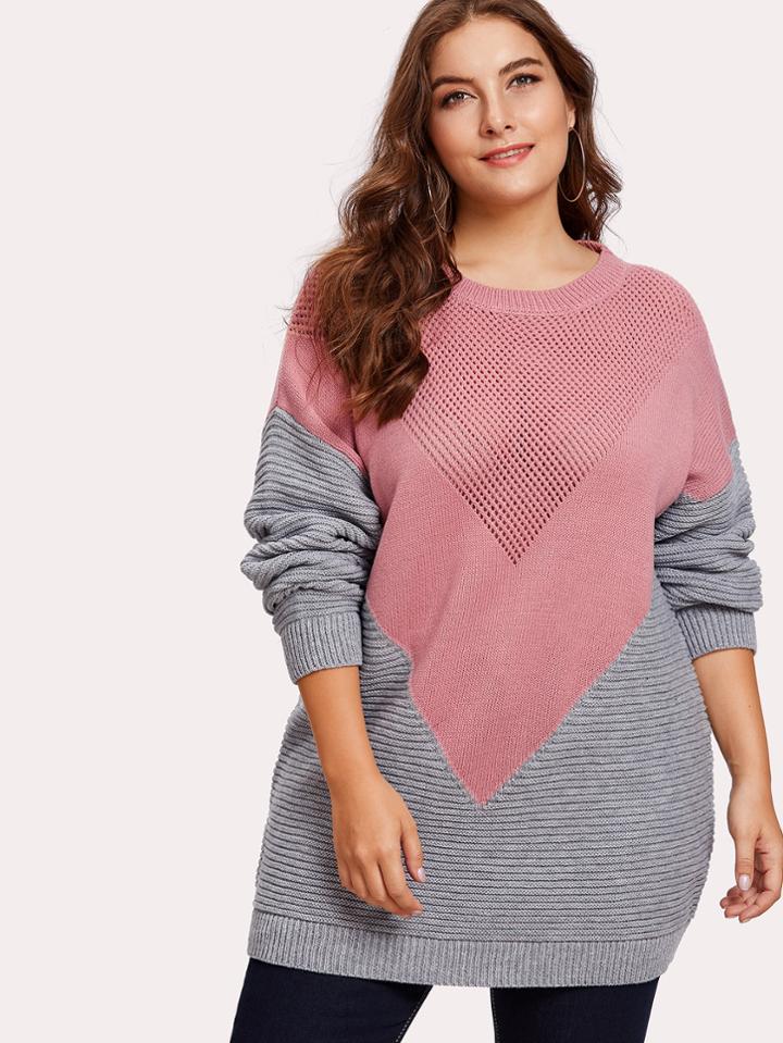 Romwe Drop Shoulder Two Tone Eyelet Sweater