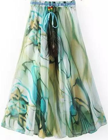 Romwe Green Drawstring Waist Peacock Print Skirt