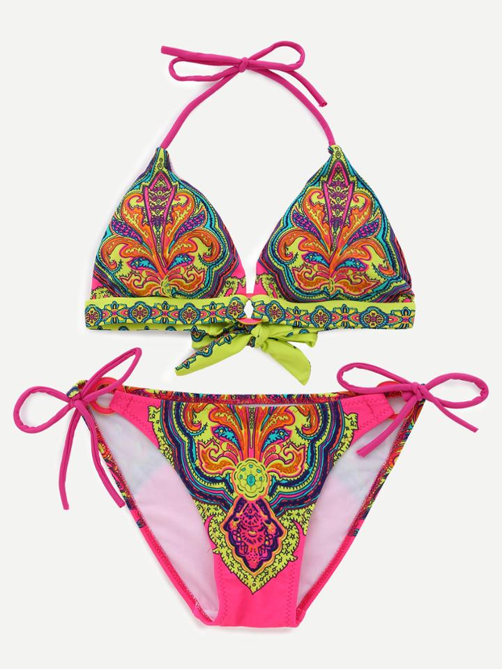 Romwe Multicolor Tribal Print Side Tie Triangle Bikini Set