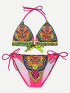 Romwe Multicolor Tribal Print Side Tie Triangle Bikini Set