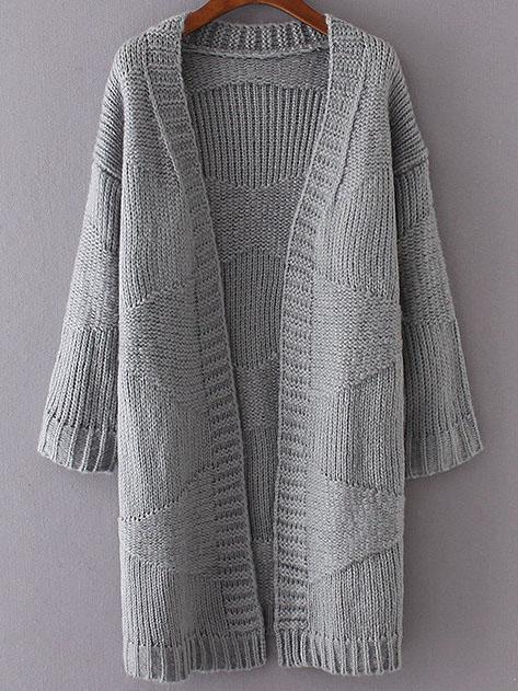 Romwe Grey Diamond Pattern Open Front Cardigan