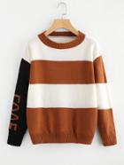 Romwe Contrast Sleeve Striped Knit Sweater