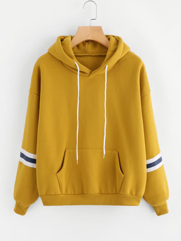 Romwe Varsity Striped Kangaroo Pocket Hooded Sweatshirt