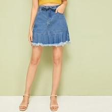 Romwe Ruffle Raw Hem Belted Denim Skirt