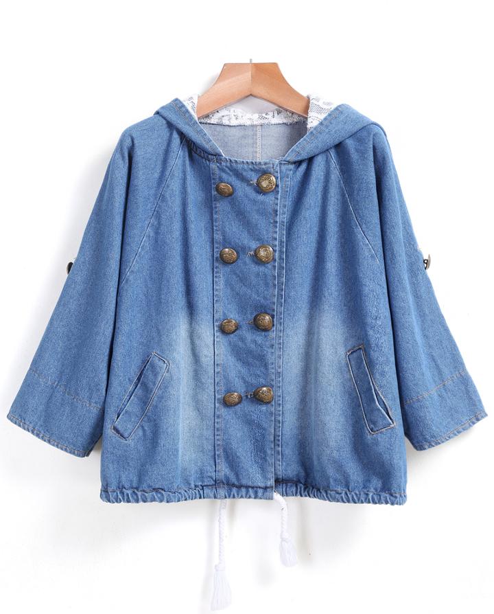 Romwe Hooded Double Breasted Crop Denim Coat