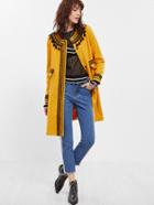 Romwe Yellow Contrast Embroidered Lace Trim Collarless Coat