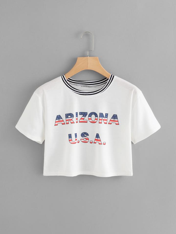 Romwe Striped Neck Letter Print Crop Tee