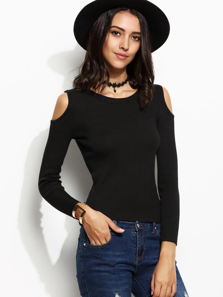 Romwe Black Open Shoulder Skinny Jersey Sweater