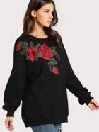 Romwe Embroidered Rose Applique Longline Pullover