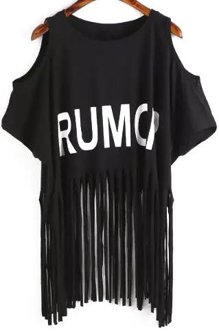 Romwe Open Shoulder Letter Print Tassel Black T-shirt