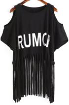 Romwe Open Shoulder Letter Print Tassel Black T-shirt