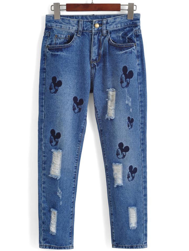 Romwe Mickey Print Ripped Denim Pant