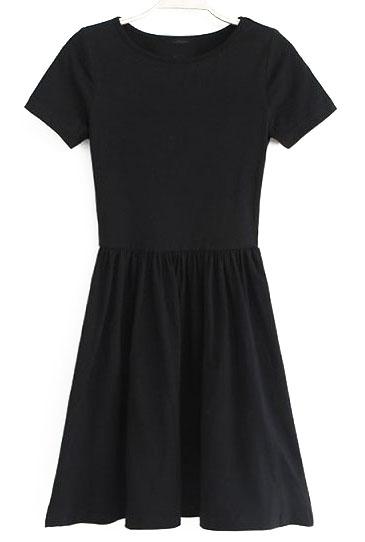 Romwe Round Neck Pleated Slim Black Dress