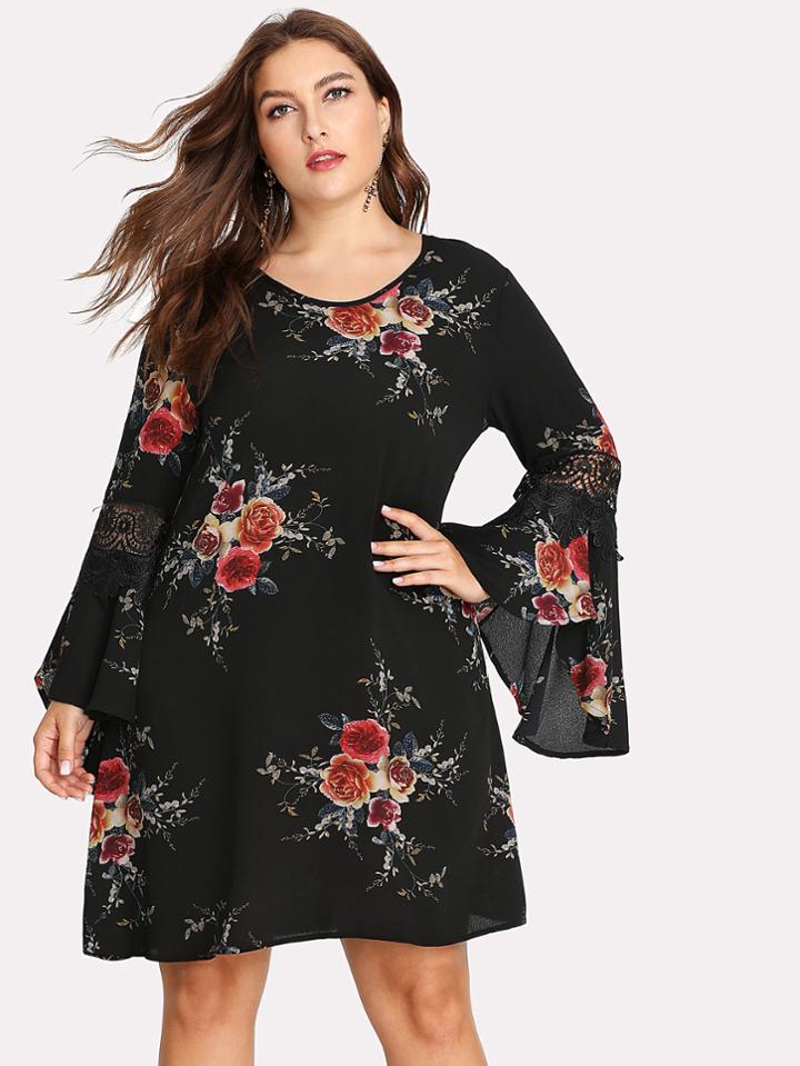 Romwe Lace Insert Ruffle Sleeve Floral Dress