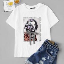 Romwe Bow Front Sequin Detail Figure Print Tee