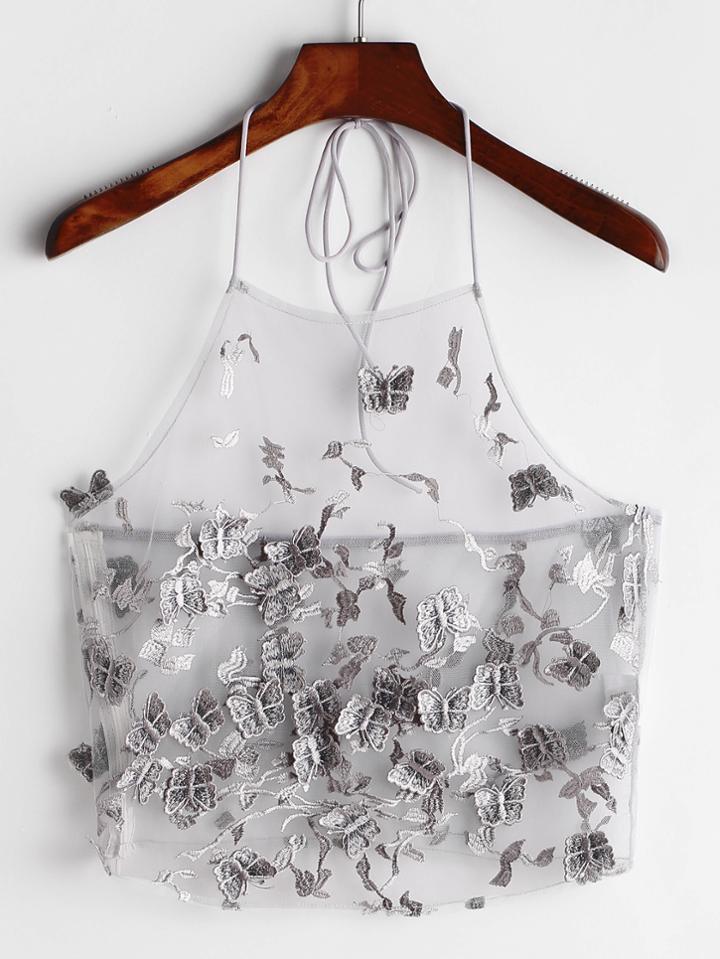Romwe Butterfly Applique Embroidered Mesh Halter Top