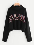 Romwe Colorful Letter Pattern Rolled Neck Jumper