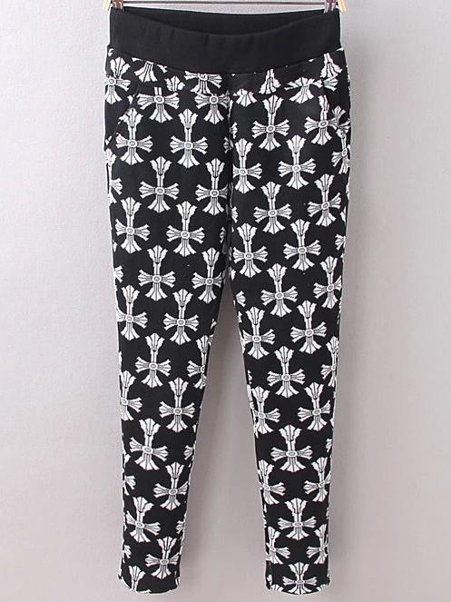 Romwe Black Rib Waist Cross Print Leggings With Pockets