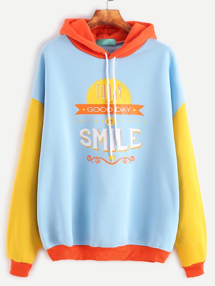 Romwe Contrast Letter Print Dropped Shoulder Seam Drawstring Hooded Sweatshirt