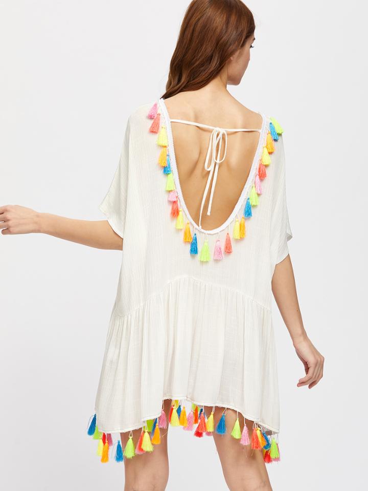Romwe Tassel Trim Open Back Batwing Smock Dress