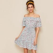 Romwe Bardot Ditsy Floral Ruffle Hem Dress