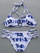 Romwe White Tie Dye Print Strappy Hollow Out Bikini Set