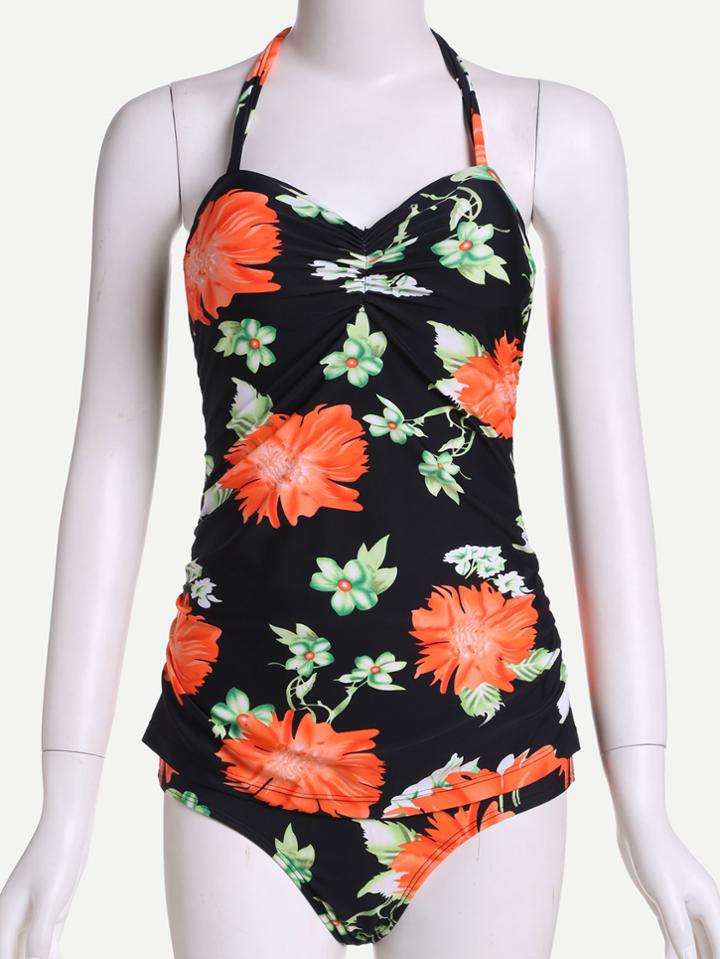 Romwe Black Halter Flower Print One Piece Swimwear