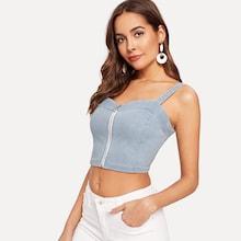 Romwe Exposed Zipper Fold Over Denim Top