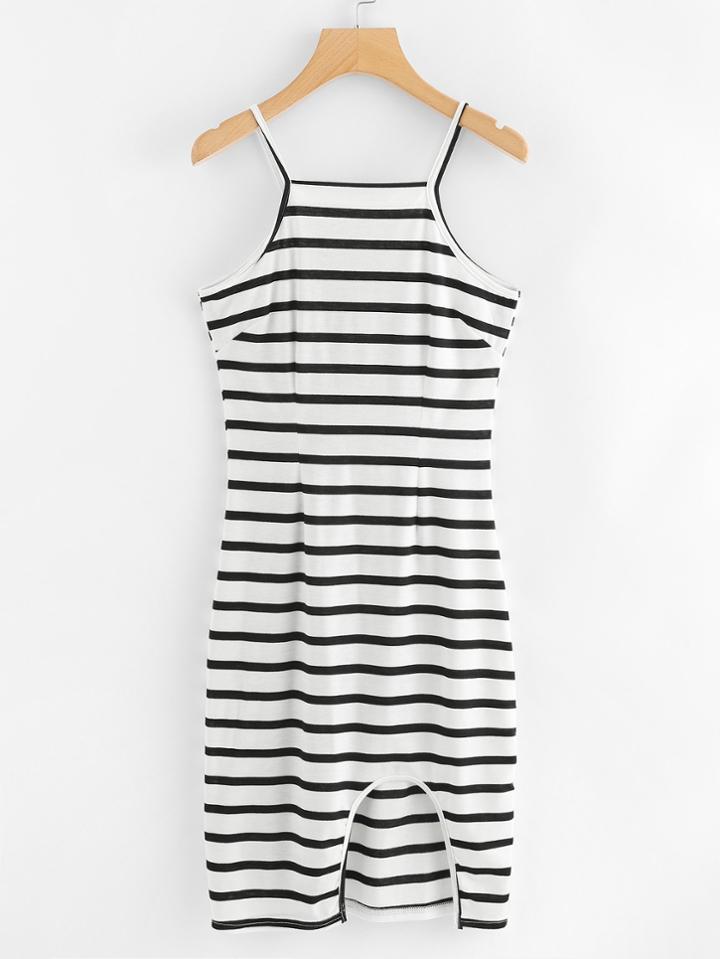 Romwe Cut Out Hem Striped Cami Dress