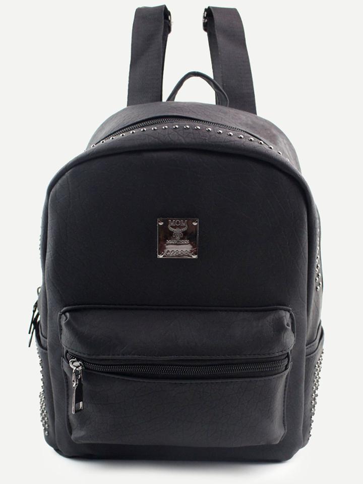 Romwe Black Pu Logo Patch Front Pocket Studded Backpack