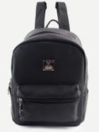 Romwe Black Pu Logo Patch Front Pocket Studded Backpack