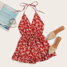 Romwe Ditsy Floral Drawstring Waist Halter Playsuit