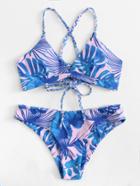 Romwe Palm Print Braided Straps Bikini Set