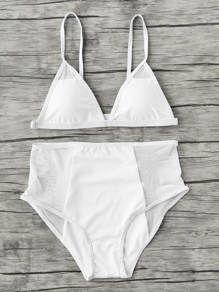 Romwe Mesh Insert High Waist Triangle Bikini Set