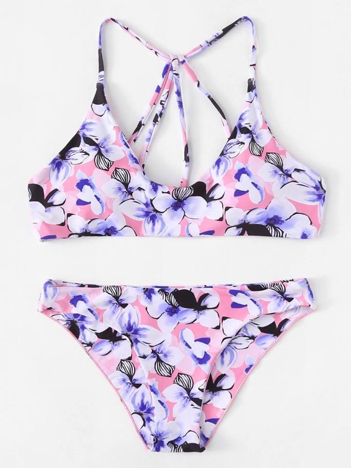 Romwe Caged Back Floral Bikini Set