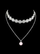 Romwe Silver Hollow Out Flower Shape Choker With Pink Stone Charm Necklace