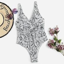 Romwe Snake Print Belted One Piece Swimsuit