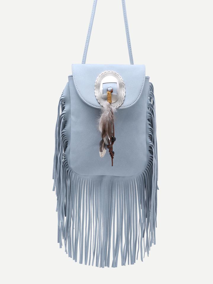 Romwe Blue Feather Embellished Fringe Trim Flap Bag