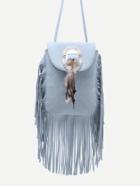 Romwe Blue Feather Embellished Fringe Trim Flap Bag