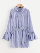 Romwe Pearl Beaded Belted Waist And Bell Sleeve Dress