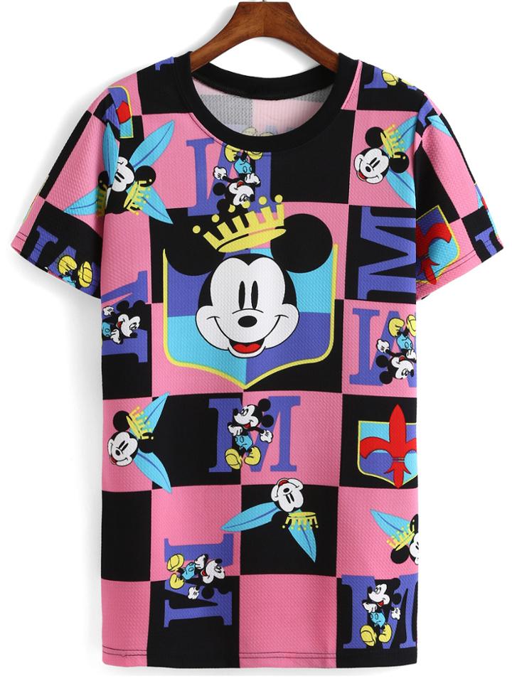 Romwe Mickey Print Pink T-shirt