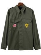 Romwe Army Green Embroidery Epaulet Coat With Pocket
