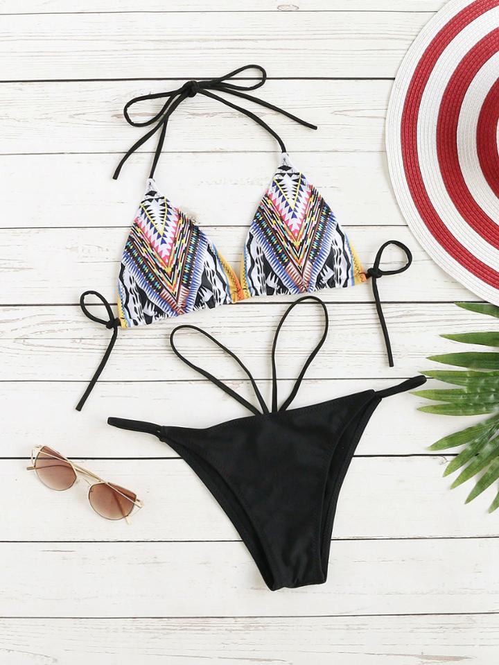 Romwe Black Printed Mix & Match Bikini Set