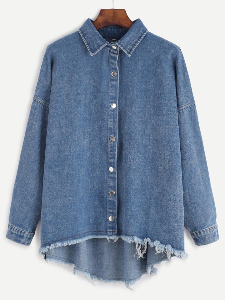 Romwe Blue Drop Shoulder High Low Frayed Hem Denim Coat