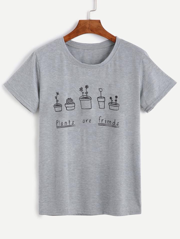 Romwe Plants And Letters Print T-shirt