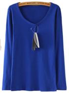Romwe V Neck Buttons Royal Blue T-shirt