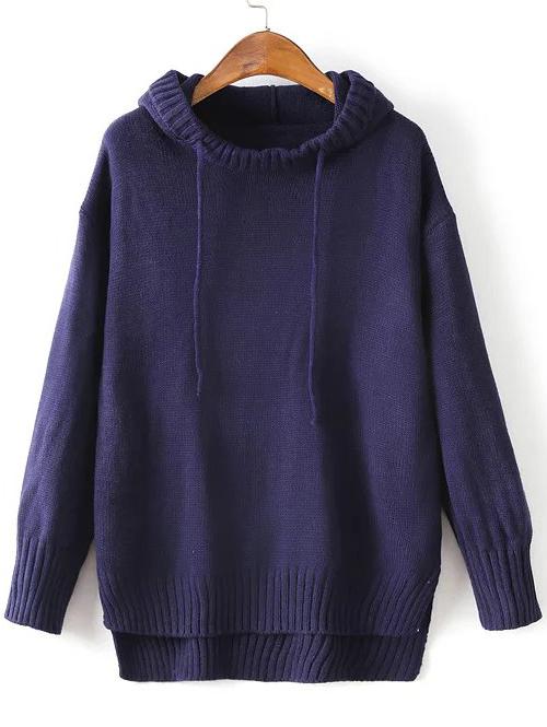 Romwe Navy Ribbed Trim Drawstring Hooded Dip Hem Sweater