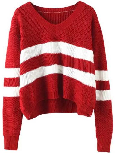 Romwe V Neck Striped Wine Red Sweater