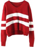 Romwe V Neck Striped Wine Red Sweater